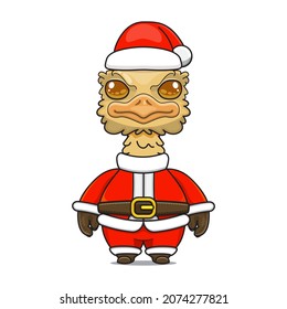 cute christmas animal ostrich wearing santa costume, cartoon animal in santa dress, front view. kawaii style, flat, glossy. for children or adults. for Christmas content