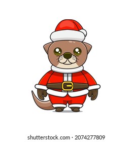 cute christmas animal otter or beaver wearing santa costume, cartoon animal in santa dress, front view. kawaii style, flat, glossy. for children or adults. for Christmas content