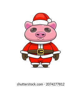 cute christmas animal pig wearing santa costume, cartoon animal in santa dress, front view. kawaii style, flat, glossy. for children or adults. for Christmas content