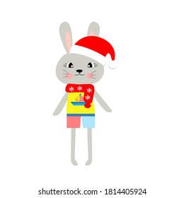 cute christmas animal in santa hat cartoon, character vector illustration	