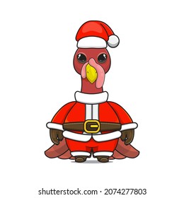 cute christmas animal turkey wearing santa costume, cartoon animal in santa dress, front view. kawaii style, flat, glossy. for children or adults. for Christmas content