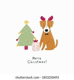 Cute Christmas animals card -  Christmas tree and dog