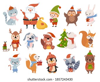 Cute Christmas animals, cartoon characters with gifts. Winter Holiday illustration. Perfect for greeting cards.