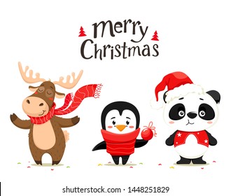 Cute Christmas animals, deer, panda and penguin. Handwriting text, lettering. Merry Christmas. Vector isolates on a white background.