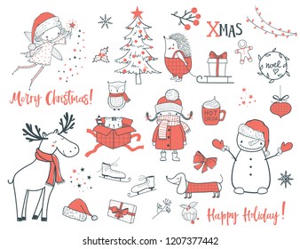 Animales y elementos de Navidad. Ilustración vectorial de dibujos animados. Uso para diseño de impresión, diseño de superficie, regalo, tarjetas de felicitación