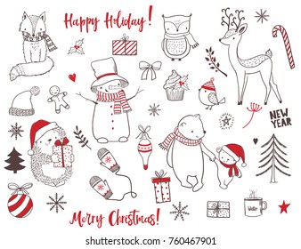 Cute Christmas Animals And Elements Set. Vector Illustration
