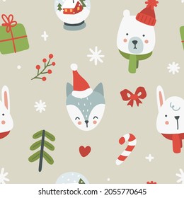 Cute christmas animals head doodle pattern. Seamless texture for textile, fabric, apparel, wrapping, paper, stationery.