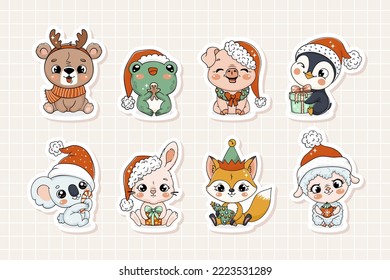 Cute Christmas animals illustrations in hand drawn style. Perfect for greeting cards, party invitations, posters, stickers, pin, scrapbooking, icons	