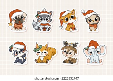 Cuidadas ilustraciones de animales de Navidad con estilo dibujado a mano. Perfecto para tarjetas de felicitación, invitaciones a fiestas, carteles, pegatinas, pin, scrapbooking, iconos	