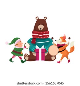 cute christmas animals and santas helper icon over white background, vector illustration