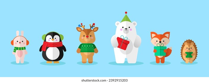 Cute christmas animals set. Winter holiday characters collection with penguin, bear, reindeer, fox, hedgehog and rabbit. Flat vector illustration.