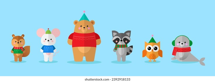 Cute christmas animals set. Winter holiday characters collection with bear, squirrel, raccoon, owl, seal and mouse. Flat vector illustration.