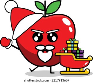 cute christmas apple fruit mascot vector with saint clouse gift train