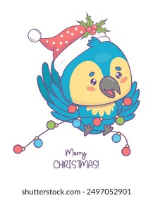 Cute Christmas Ara parrot in Santa hat with festive garland. Funny cartoon kawaii tropical bird character. Vector illustration. Merry Christmas holiday card. Kids collection.