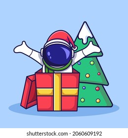 cute christmas astronaut character surprises out of the gift box. flat style cartoon illustration