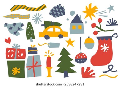 Cute Christmas attributes, decoration and gift boxes paper cut pieces torn sheets isolated set. Burning candles, xmas fir tree, car, star, berries, tag, heart and shredded strips vector illustration