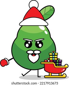 cute christmas avocado fruit mascot vector with saint clouse gift train