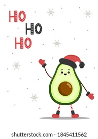 Cute christmas avocado in santa hat. New year postcard. Season greetings. Vector illustration in cartoon style. Holiday design for posts, cards, flyers.