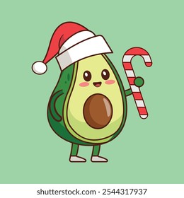 Cute Christmas Avocado With Santa Hat and Candy Cane Vector Icon Illustration. 