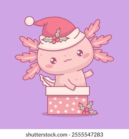 Cute Christmas Axolotl. Little cartoon pink kawaii character wearing Santa hat in gift box. Vector illustration. New Year funny card. Kids collection