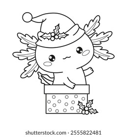 Cute Christmas Axolotl. Outline Little cartoon kawaii character wearing Santa hat in gift box. Line drawing, coloring book. New Year Kids collection. Vector illustration