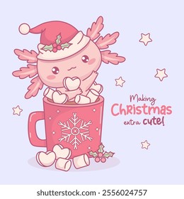 Cute Christmas Axolotl in red cup Hot Cocoa with Marshmallows. Little festive cartoon pink kawaii character in Santa hat. Vector illustration. New Year funny postcard. Kids collection