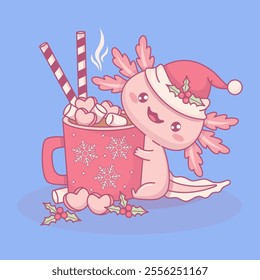 Cute Christmas Axolotl in Santa hat with festive red cup Hot Cocoa with Marshmallows, striped candy and holly. New Year funny little cartoon kawaii character. Vector illustration. Kids collection