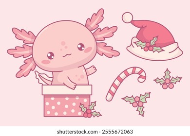 Cute Christmas Axolotl set. Little cartoon pink kawaii character in Santa hat in gift box, striped caramel candy and holly. Vector illustration. Isolated New Year elements for design. Kids collection