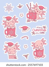 Cute Christmas Axolotl stickers. New Year funny little cartoon kawaii character in Santa hat with festive cup Hot Cocoa with Marshmallows and in gift box. Isolated Vector illustration. Kids collection