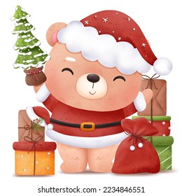 Cute christmas baby bear illustration in watercolor