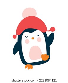 Cute Christmas baby vector penguin in knitted red hat in cartoon style. Isolated on white background flat illustration. Picture drawn with color.