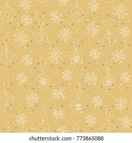 Cute Christmas background with cartoon hand drawn snowflakes and balls. Xmas seamless pattern can be used for design of a fabric, wrapping paper.