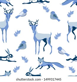 Cute Christmas background with fir trees, hollies, birds, foxes, deers, hares, christmas balls. Seamless vector pattern in stylish pastel blue winter colors.