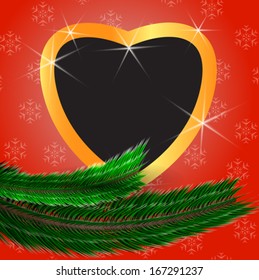 Cute Christmas background with heart shaped blank photo frame. Vector illustration