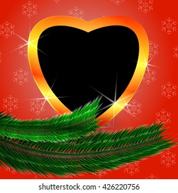 Cute Christmas background with heart shaped blank photo frame. Heart shiny shape and heart black frame. Vector illustration