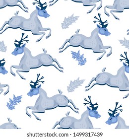 Cute Christmas background with reindeers and hollies. Seamless vector pattern in stylish pastel blue winter colors.