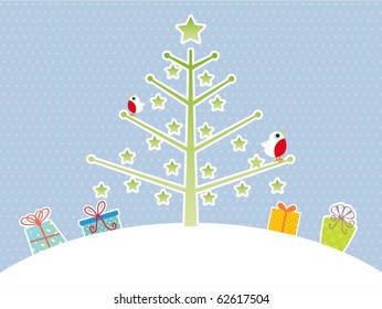 Frische Weihnachtsmusik mit Robin-Rotbrust, Weihnachtsbaum und Geschenken