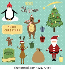 Cute christmas background with Santa, reindeer, bear and penguin