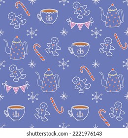 Cute Christmas background. Seamless doodle style pattern with Christmas or New Year elements. Vector illustration for wrapping paper, fabric, textile, scrapbook paper.