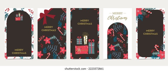 Cute christmas background for social media with tree,holly,ribbon