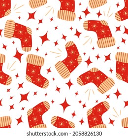 Cute Christmas background with Christmas socks and stars. Seamless pattern. Happy new year pattern. Vector illustration in flat cartoon style, winter holidays.
