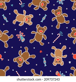 Cute christmas background with teddy bears and candy canes. Vector.