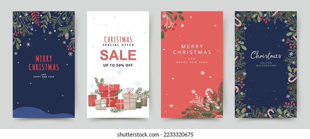 Cute Christmas background with christmas tree branches, snow, red berries, gift boxes and snowflakes. Winter holiday vector flat style illustration for greeting card, cover, banner, social media post