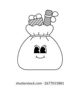 Cute christmas bag of presents. ector outline illustration for coloring pages. Cute and funny groovy mascot for holiday