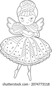 Cute Christmas ballerina. Winter holiday decoration. Black and white elements. Traditional festive doll for season design. Hand drawn illustration in zentangle style for children and adults, tattoo.