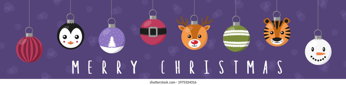 Cute Christmas balls with animals faces and other ornaments and hand written lettering MERRY CHRISTMAS. Multicolored decorated baubles. Horizontal banner. Flat vector illustration. 