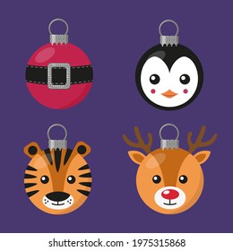Cute Christmas balls collection. Isolated baubles set with tiger face, penguin face, deer head, Santa belt. Christmas tree ornaments. Flat vector illustration. 