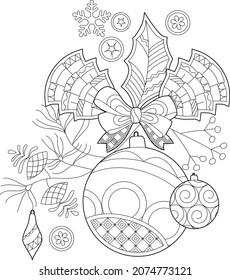 Cute Christmas balls. Winter holiday decoration. Black and white elements. Traditional festive balls for season design. Hand drawn illustration in zentangle style for children and adults, tattoo.