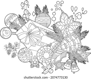 Cute Christmas balls. Winter holiday decoration. Black and white elements. Traditional festive balls for season design. Hand drawn illustration in zentangle style for children and adults, tattoo.