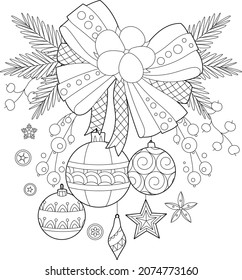 Cute Christmas balls. Winter holiday decoration. Black and white elements. Traditional festive balls for season design. Hand drawn illustration in zentangle style for children and adults, tattoo.